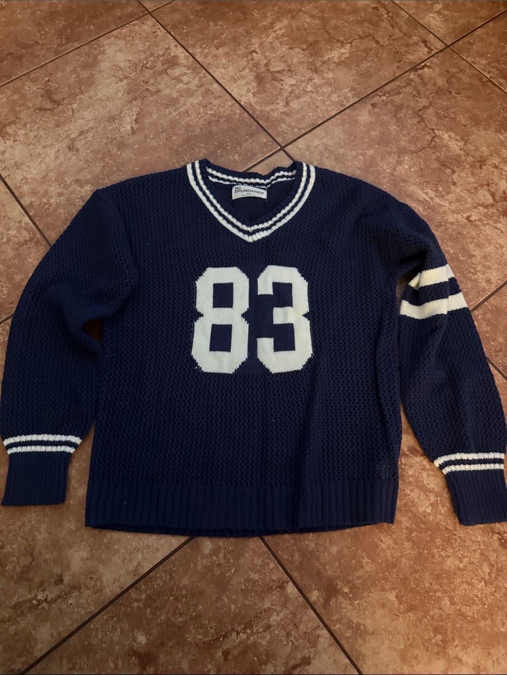 No Boundaries Navy V-Neck Sweater with White 83 Chest Detail